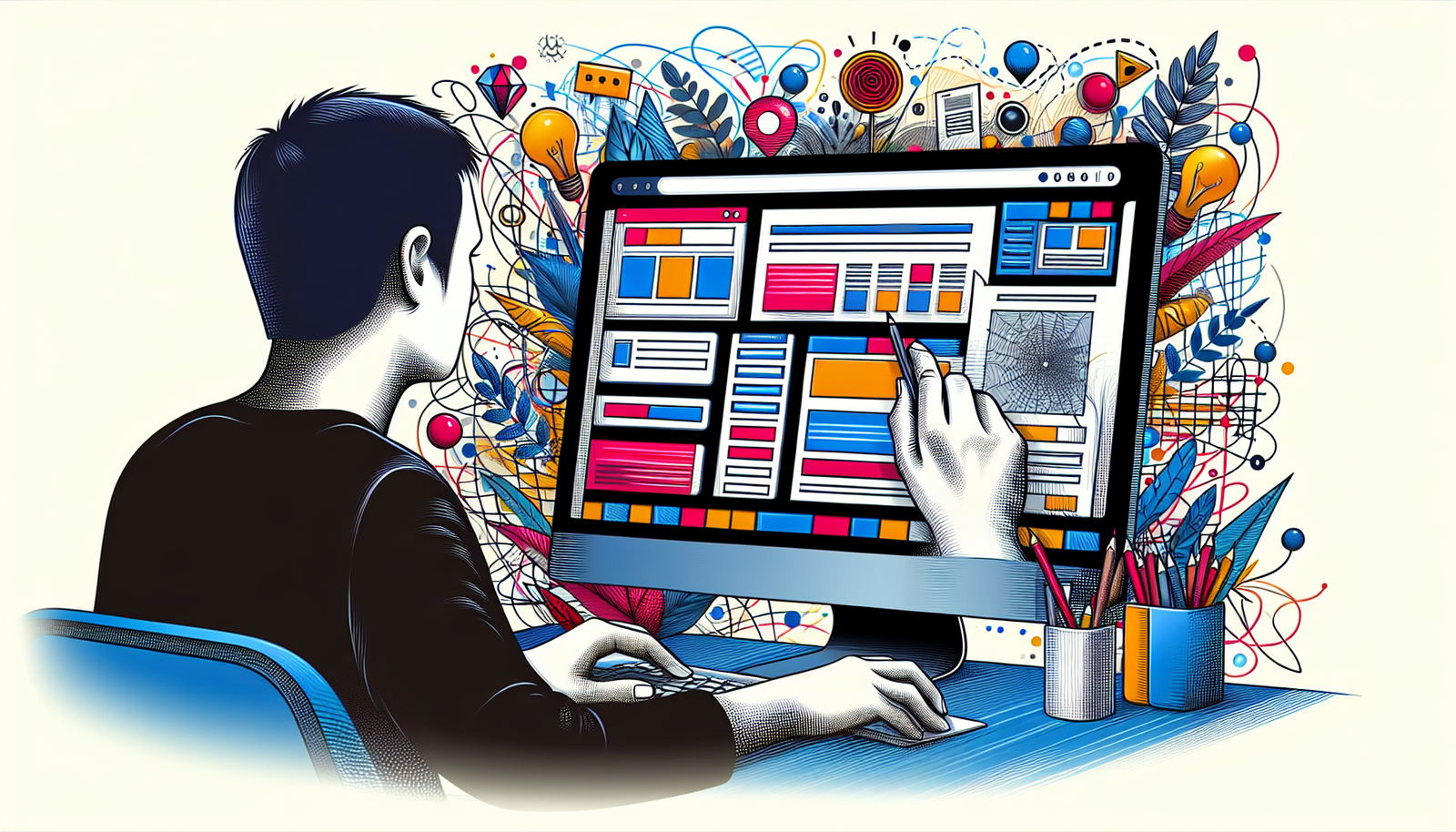 Illustration of a person using a website builder software on a computer