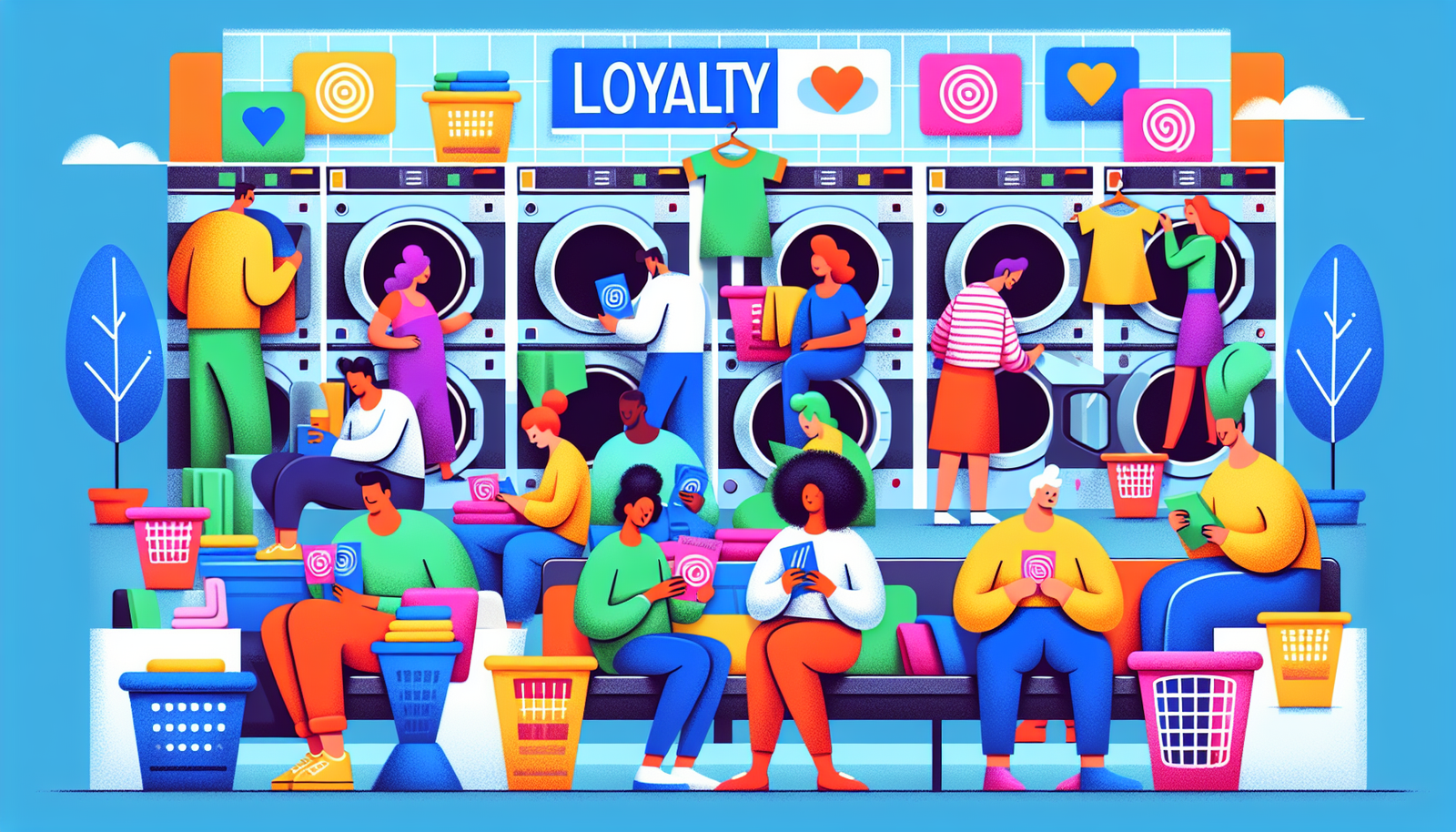 Illustration of satisfied customers using the laundromat with a loyalty card