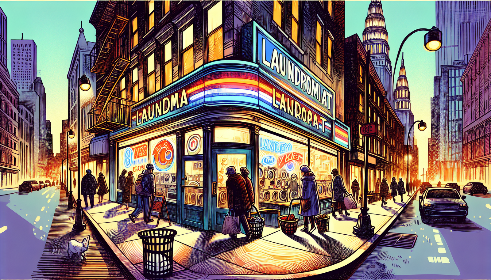 Illustration of a bustling laundromat on a busy street