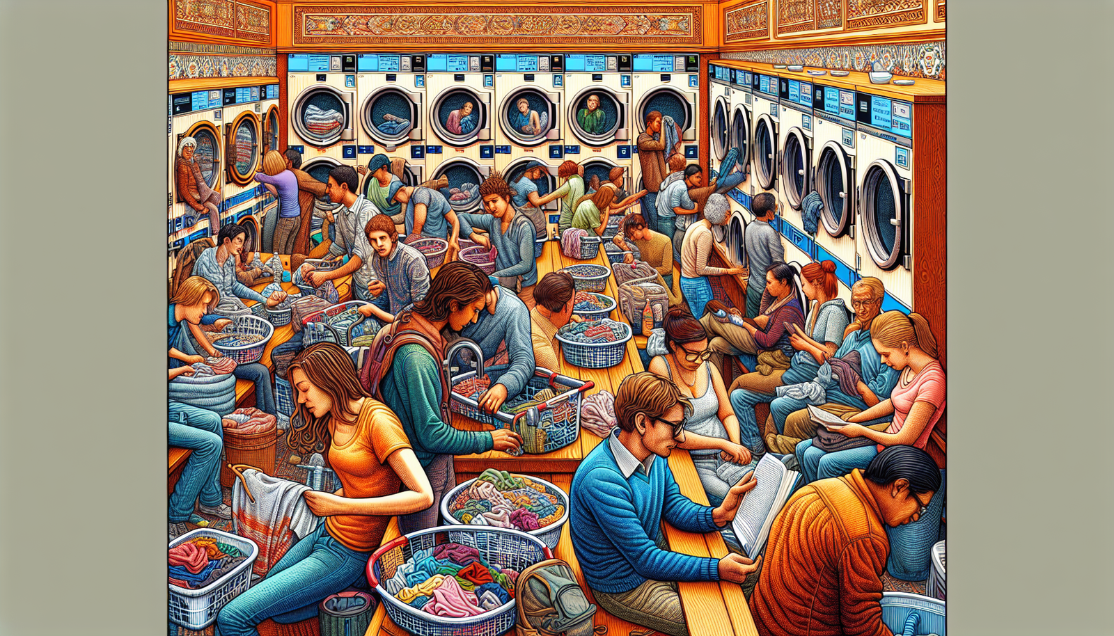 Illustration of diverse customers using a laundromat