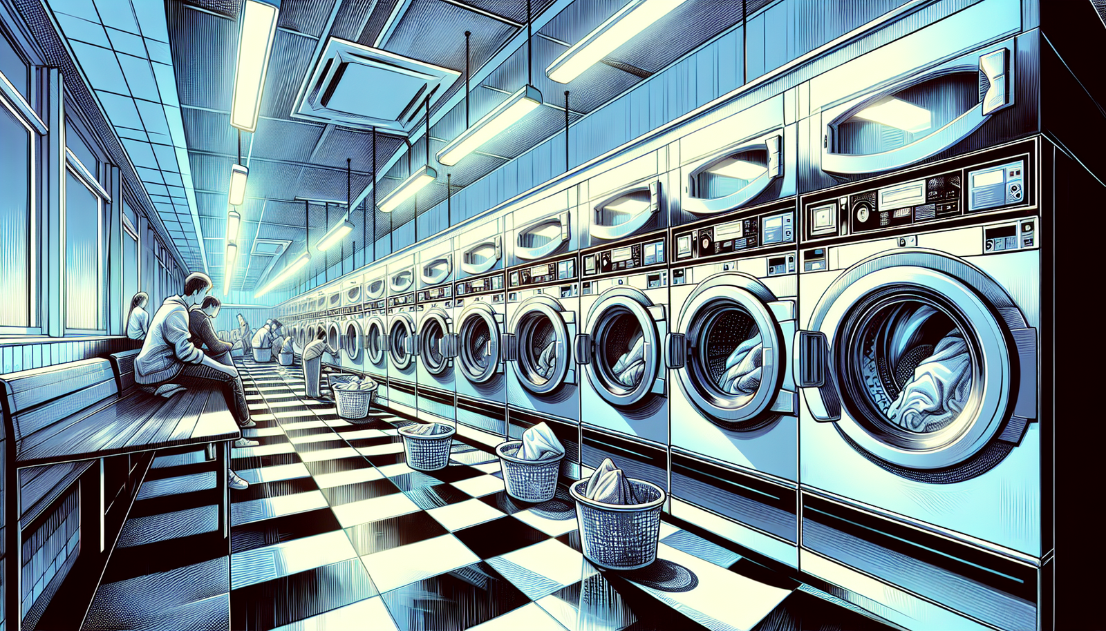 Illustration of a modern laundromat with washing machines and dryers