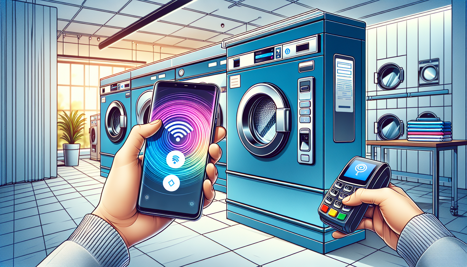 Illustration of a person using a mobile payment at a laundromat