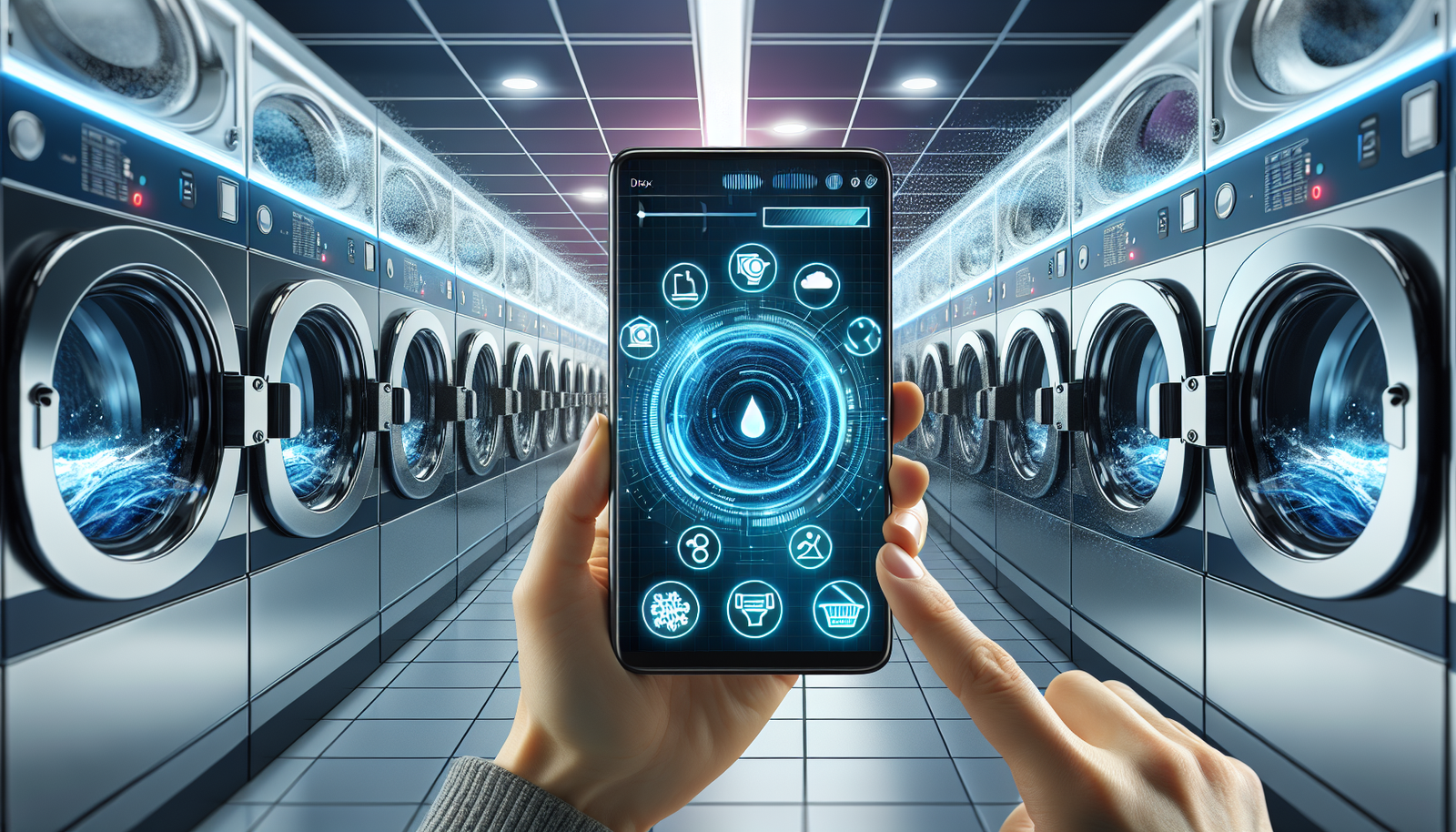 Illustration of a customer using a mobile app to operate laundry machines