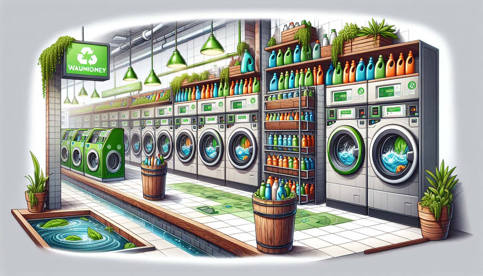 Illustration of eco-friendly practices in a laundromat
