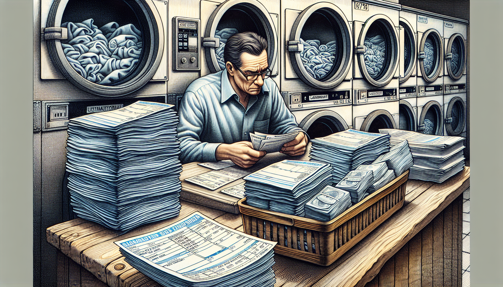 Illustration of a laundromat owner reviewing utility bills and expenses
