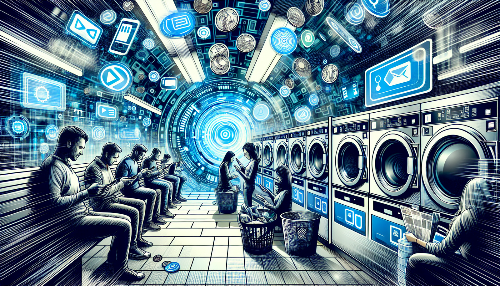 Illustration of mobile payment and app-based services in a laundromat
