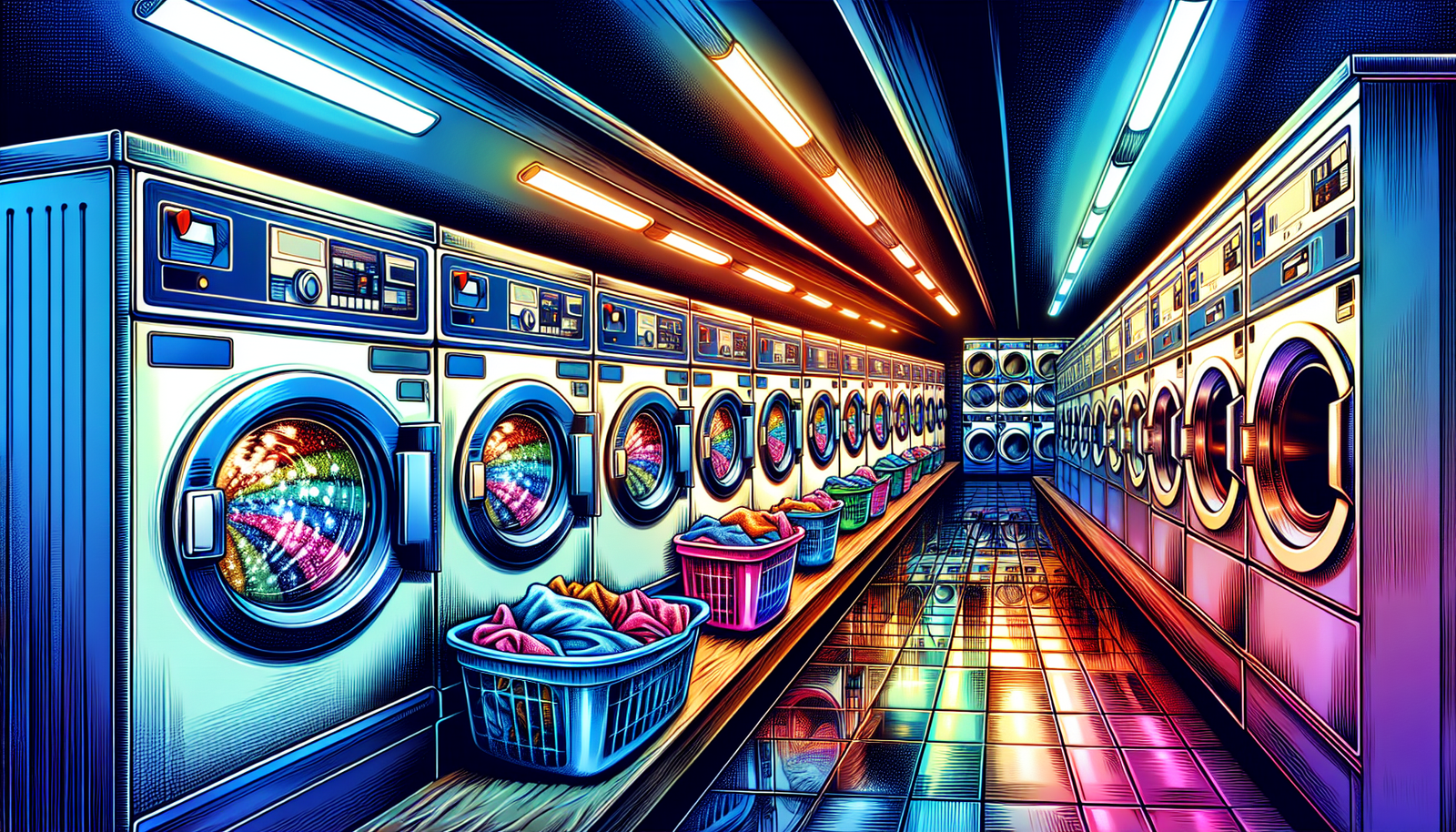 Illustration of a row of washing machines and dryers in a laundromat